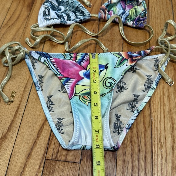 Christian Audigier Y2K Rhinestone Bird Print String Triangle Bikini Size Small - Picture 3 of 9